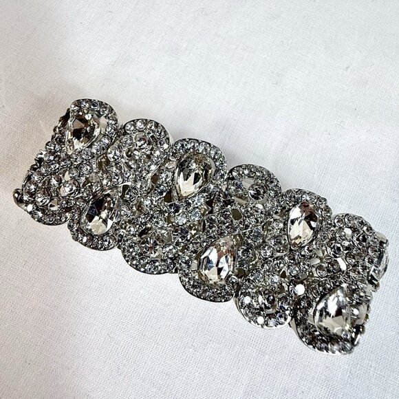 Vintage Clear Rhinestone Silver Tone Stretch Bracelet Statement - Picture 2 of 6